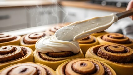 A mouthwatering, close-up shot of several freshly baked cinnamon rolls arranged in a baking pan.
