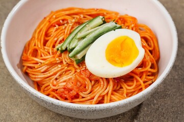 Bibimmyeon (Korean Cold Spicy Noodles) is a Korean spicy noodle dish without broth that is usually served cold.