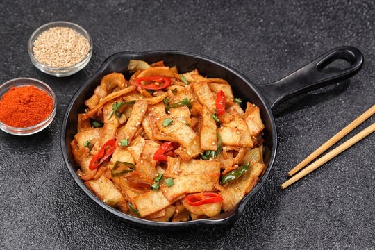 Eomuk bokkeum is a Korean fried fish cake. It's usually served as a side dish with dosirak, a traditional Korean lunch.