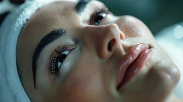 A woman lying down in a bed with her eyes closed and a bandage around her head. Her lips are slightly parted as if she is about to speak or has just finished speaking.