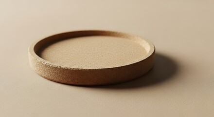 Minimalist round cork coaster on a beige surface, casting a soft shadow