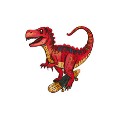 Naklejka premium A vibrant red dinosaur with striking blue accents skillfully rides a skateboard, showcasing a playful and energetic prehistoric scene