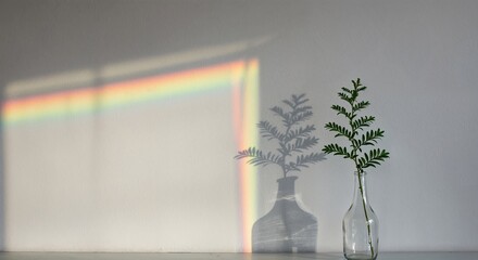 A vibrant rainbow light spectrum illuminates a textured white wall, casting a long shadow from a green plant sprig in a clear glass bottle.
