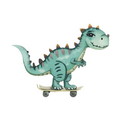 Obraz premium Playful watercolor illustration of a cheerful prehistoric dinosaur riding a skateboard, perfect for children's designs, apparel, and fun activity themes