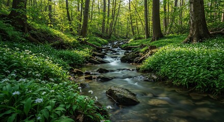 A vibrant green forest creek flows smoothly over mossy rocks, surrounded by lush wild garlic and sun-dappled trees, creating a tranquil spring landscape.