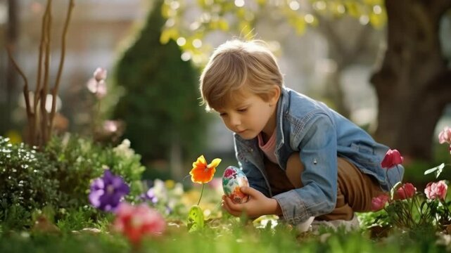 A young child in a denim jacket crouches over colorful flowers in the garden with curiosity and joy.