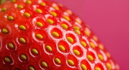 A vibrant super macro close-up reveals the textured, juicy surface of a ripe red strawberry with prominent yellow achenes against a soft pink background.