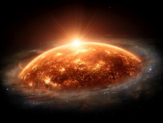 Naklejka premium A blazing hot exoplanet glows intensely as it is surrounded by swirling galaxies in the vast cosmos.