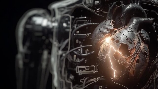 Broken heart robot. Space for text 