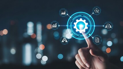 Hand touching glowing gear icon, symbolizing business process automation and digital transformation.