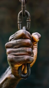 Close-up shot of a person's hand chained in the dark with rusty chains