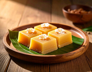 Golden rice cake squares layered with coconut topping on banana leaf plate, warm sunlight atmosphere, traditional dessert concept, image created by AI.