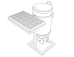 Technical Schema: Smart Solar-Powered Automatic Fish Feeder Outline Vector Drawing of Centrifugal Spreader Equipment for Modern Aquaculture and Sustainable Fish Farming Technology Diagram
