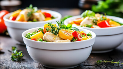 Fresh herb and lemon roasted chicken with roasted vegetables, vibrant healthy meal