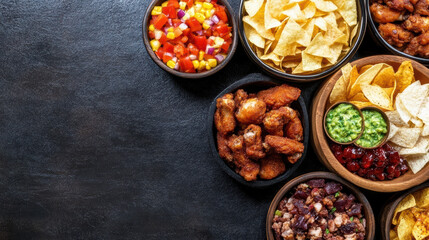Crispy fried chicken wings and tortilla chips with salsa guacamole and sides