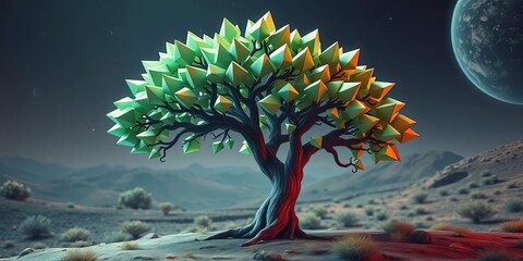 Surreal tree with sharp, polygonal leaves and a rigid trunk, alien landscape,  alien,  tree