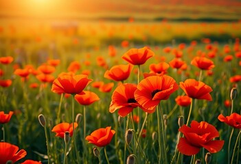Fototapeta premium Vibrant red poppies blooming in a vast green field under warm summer sunlight, showcasing their delicate petals and natural beauty, bright, organic