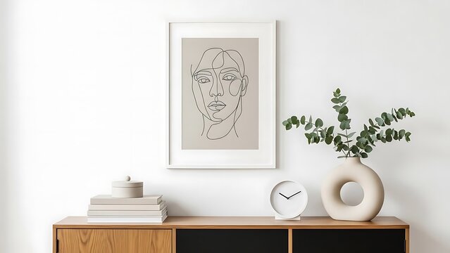 Modern minimalist living room interior with framed abstract line art poster on the wall.