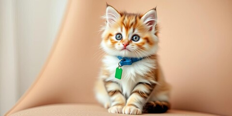 Fluffy kitten in blue collar with green tag sits on chair, adorable pet,  captivating,  endearing