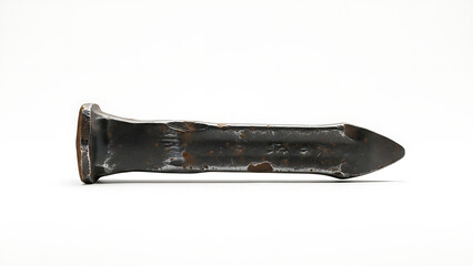 Ancient metal spearhead with rust and patina on a white background viewed from the side