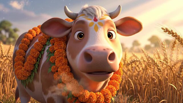 Cute Animated Cow Celebrating Indian Harvest Festival