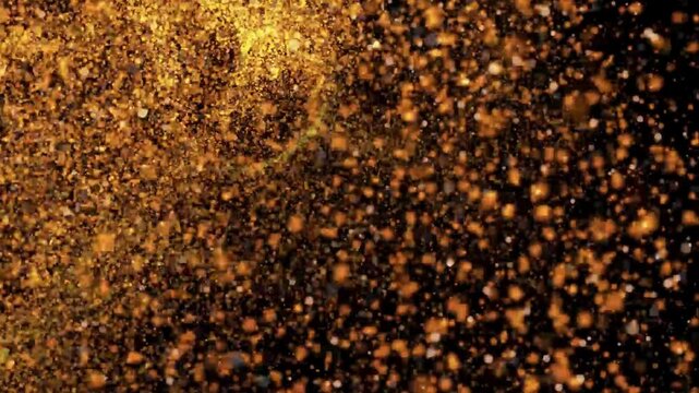 Seamless loop of glowing gold particle dust floating and shimmering in motion. Elegant glitter particles drift in space on a dark background, ideal for luxury, celebr