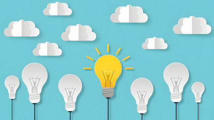 Creative Business Innovation Idea Solution Concept Illustration Yellow Lightbulb Shining Bright Among White Bulbs with Clouds and Blue Sky