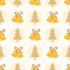 Elegant Golden Christmas Bells and Tree Seamless Pattern on Cream Background. Festive Holiday Digital Paper.