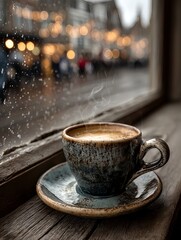 A minimalist winter product photo featuring a single ceramic cup and saucer against a snowy blurred city view