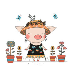 A charming illustration of a cute pig wearing a dress and a floral-decorated hat, standing among potted plants, flowers, and butterflies. Perfect for kids posters, greeting cards, prints, and cozy