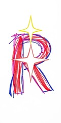Radiant letter R with a shining star, bold and bright, a crayon scribble effect, on a light background,  letter r,  bold