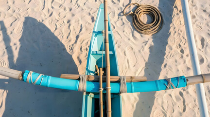 Bamboo outrigger geometry arranged on white sand texture during Fishing Boat Lombok Beach Sunset in minimalist style