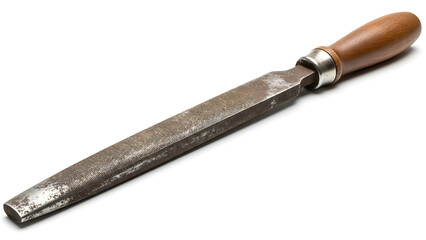 A close-up of a chisel with a wooden handle on a white background