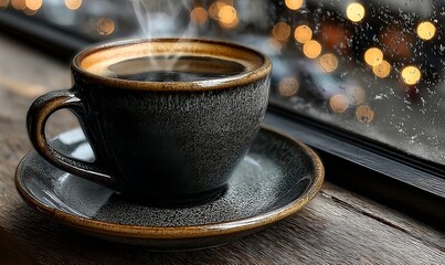A cozy winter coffee setup with a handmade cup in focus and softly glowing festive lights beyond the window