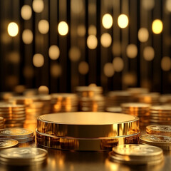 大量に積み上げられた金貨の山と低い円形ポディウム。資産形成と貯蓄のイメージ3D背景。 (Low circular podium with piles of stacked gold coins. 3D background image of asset formation and savings.)