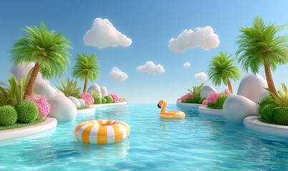 Fototapeta premium Playful 3D Clay Rendered Pool Scene with Floaties and Sunshine Atmosphere