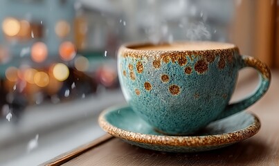 Fototapeta premium Hot coffee on a wooden windowsill with falling snow and city lights