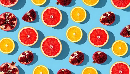 Colorful Citrus and Pomegranate Fruit Pattern on Blue Background.