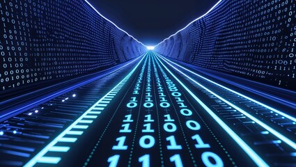Abstract digital tunnel with glowing binary code and futuristic blue light streaks