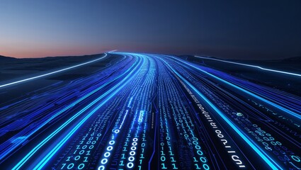 Abstract digital highway with glowing blue binary code and light trails at dusk