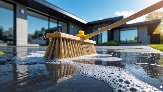 Cleaning a modern house patio with a broom and soapy water on a sunny day
