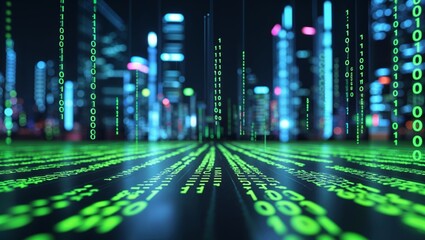 Digital city skyline at night with glowing green binary code flowing through the streets