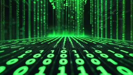 Abstract digital stream of green binary code flowing into a bright light