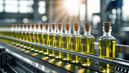 Bottles of golden olive oil moving on a conveyor belt in a factory