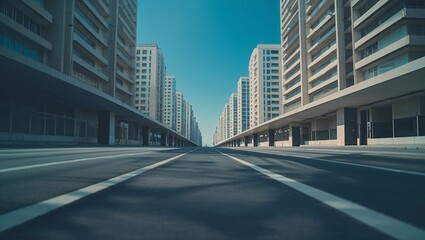 Fototapeta premium Symmetrical modern apartment buildings line an empty road under a clear blue sky