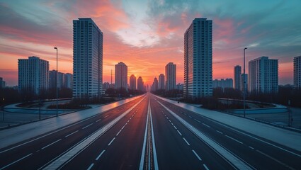 Obraz premium Empty highway leading to city skyline at sunrise with dramatic colorful sky and modern buildings