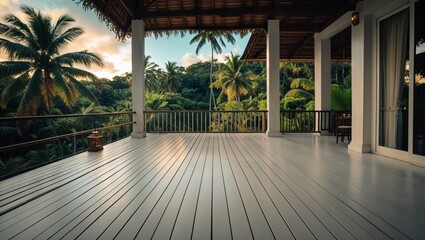 Luxury tropical villa balcony overlooking lush jungle and palm trees at sunset