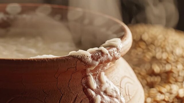 Traditional Pongal Sankranti milk boiling over clay pot prosperity symbol