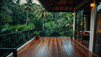 Luxury tropical villa balcony overlooking lush green jungle and palm trees