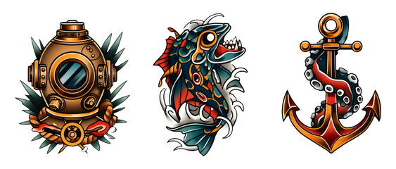 Vintage Old School Tattoo Design with Deep Sea Diver, Dragon Fish, and Anchor Motifs